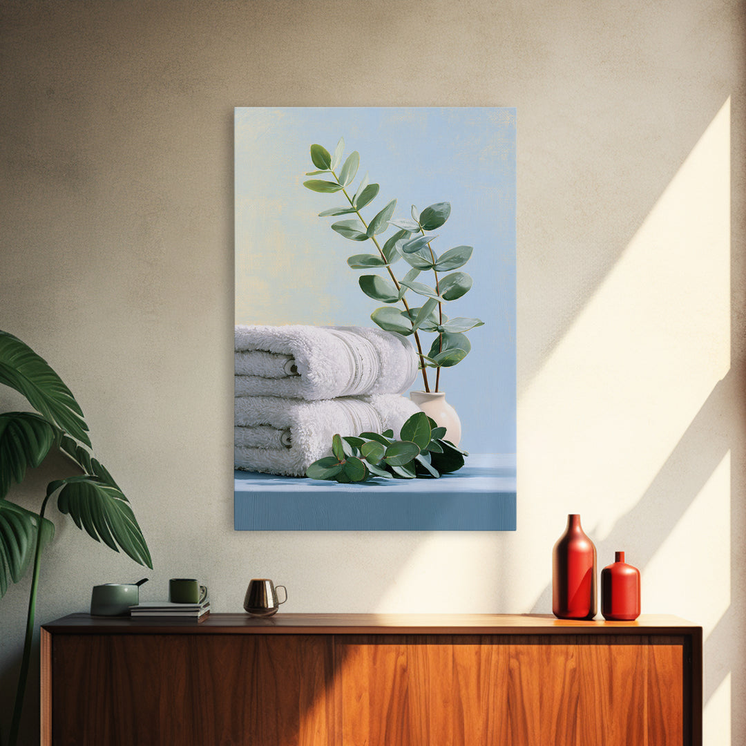 White Towels and Eucalyptus Without Room Context Framed Canvas Print, Spa Art, Spa Decor, Abstract Art, Serenity, SPA-2x3-56
