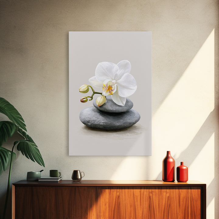 White Orchid on Smooth Gray Stone Canvas Print, Spa Art, Abstract, Spa Decor, Fine Art, Serenity, City Art, Spa Wall Art, SPA-2x3-58