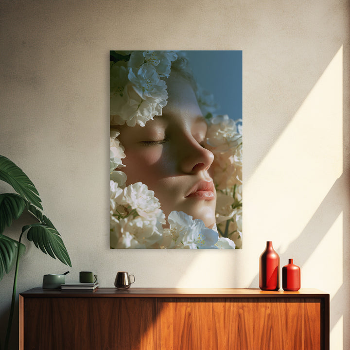 Minimal Face with Closed Eyes and Flowers Framed Canvas Print, Spa Art, Animal Art, Spa Decor, Watercolor Art, Serenity, SPA-2x3-75