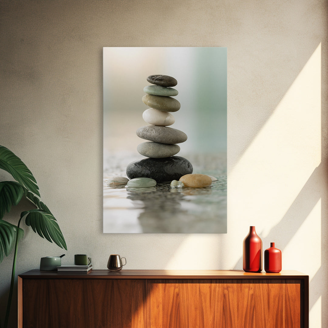 Stacked Stones Beside Calm Water Canvas Print, Spa Art, Dog Groomer Gifts, Spa Decor, Oil Painting, Serenity, Fine Art Print, SPA-2x3-81