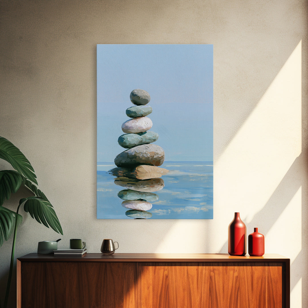 Stacked Stones Beside Calm Water Canvas Print, Spa Art, Travel Poster, Spa Decor, Fine Art, Serenity, Salon Decor, City Art, SPA-2x3-9