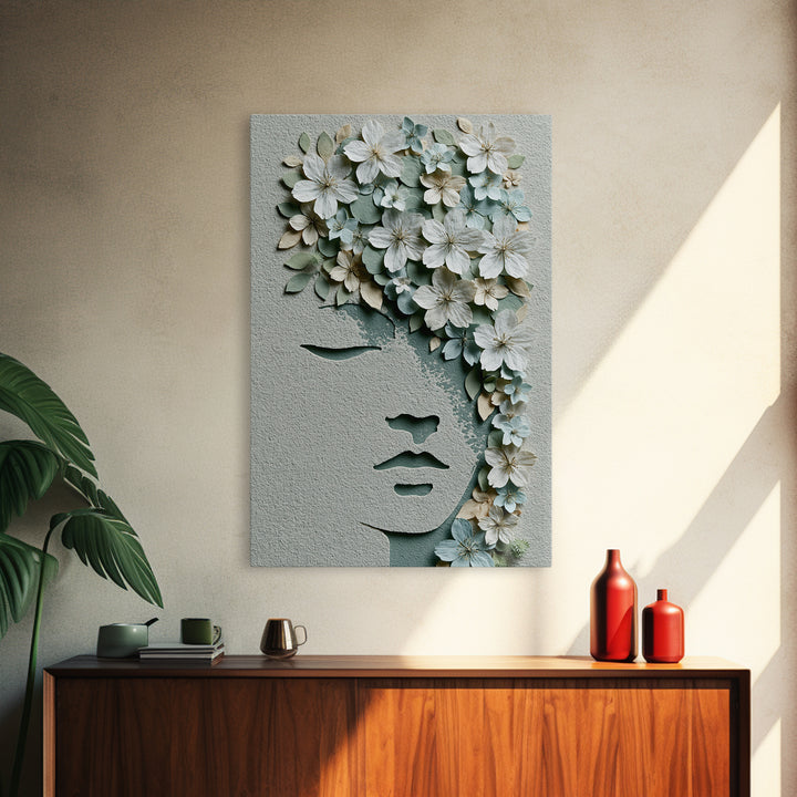 Minimal Face with Closed Eyes and Flowers Canvas Print, Spa Art, Spa Wall Art, Spa Decor, Watercolor Art, Serenity, SPA-2x3-99