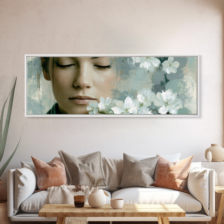 Minimal Face with Closed Eyes and Flowers Canvas Print, Spa Art, Wildlife Wall Art, Spa Decor, Serenity, Minimalist Decor, SPA-3x1-11