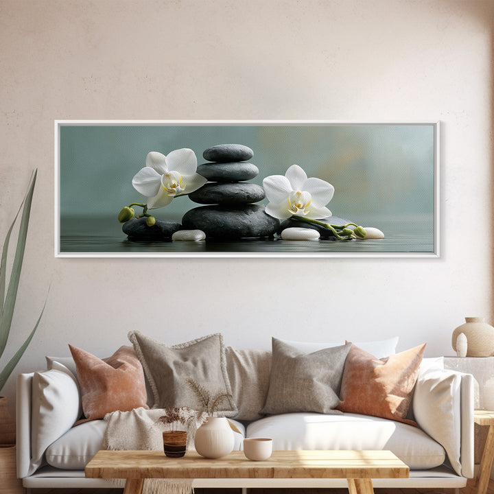 White Orchid on Smooth Gray Stone Framed Canvas Print, Spa Art, Dog Wall Art, Spa Decor, Fine Art, Serenity, Dog Canvas, SPA-3x1-18