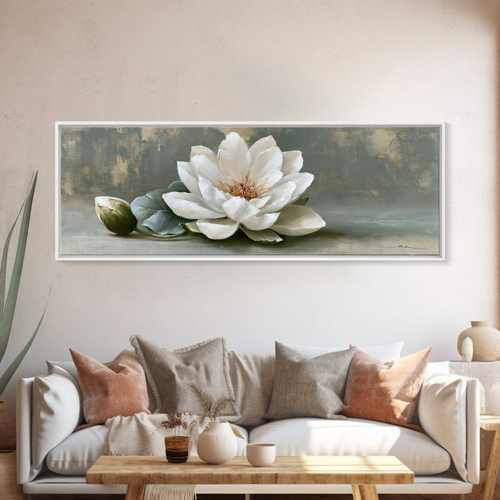 Single White Flower on Linen Ground Canvas Print, Spa Art, Salon Decor, Spa Decor, Oil Painting, Serenity, Statement Artwork, SPA-3x1-33