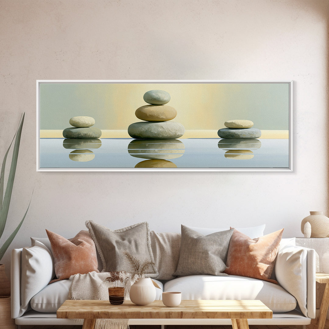 Stacked Stones Beside Calm Water Canvas Print, Spa Art, Wildlife Wall Art, Spa Decor, Watercolor Art, Serenity, SPA-3x1-41