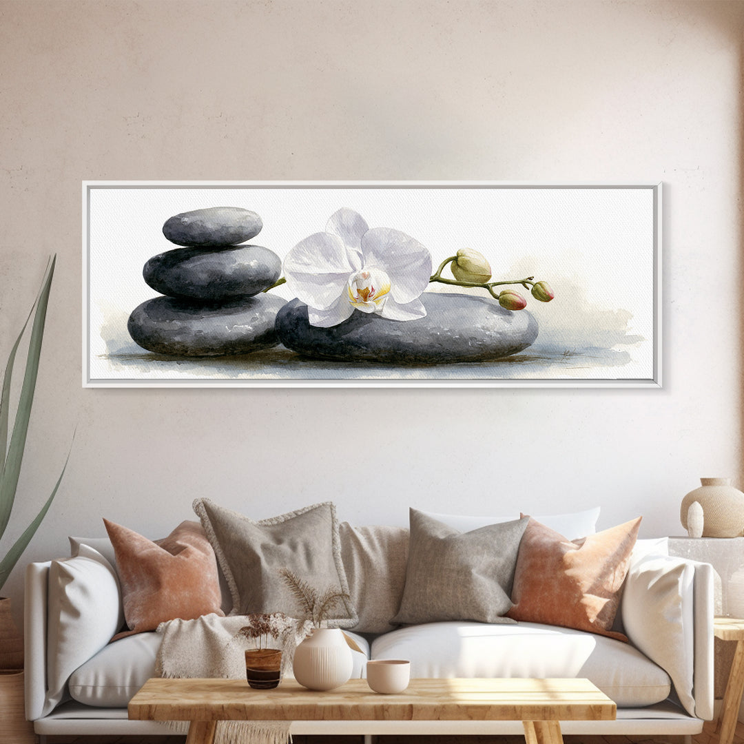 White Orchid on Smooth Gray Stone Canvas Print, Spa Art, Modern Home Decor, Spa Decor, Fine Art, Serenity, Neutral Decor, SPA-3x1-42