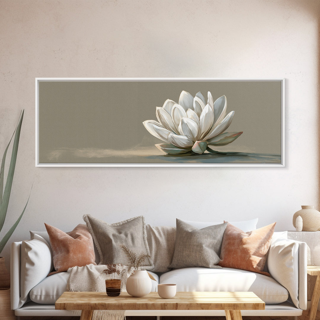 Single White Flower on Linen Ground Framed Canvas Print, Spa Art, Tarot Card Art, Spa Decor, Watercolor Art, Serenity, SPA-3x1-57