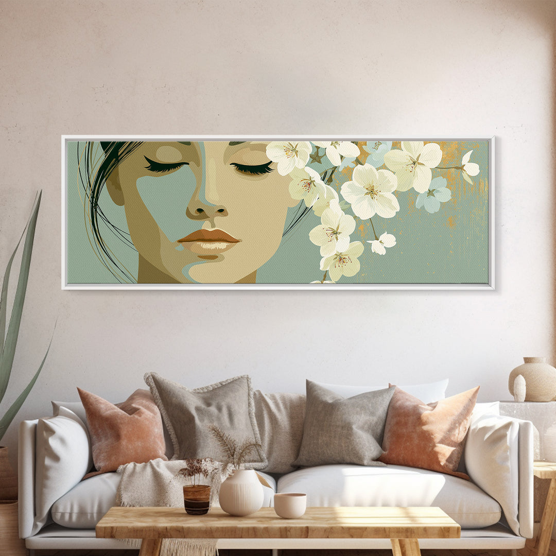 Minimal Face with Closed Eyes and Flowers Framed Canvas Print, Spa Art, Printable Wall Art, Spa Decor, Watercolor Art, Serenity, SPA-3x1-59