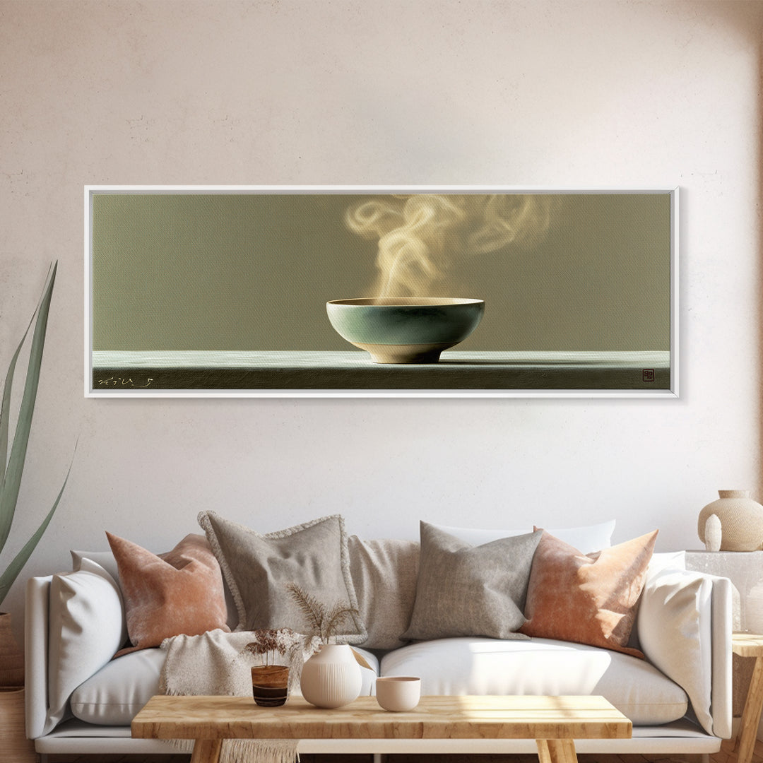 Tea Bowl and Steam Still Life Canvas Print, Spa Art, Boho Decor, Spa Decor, Oil Painting, Serenity, Printable Art, SPA-3x1-62