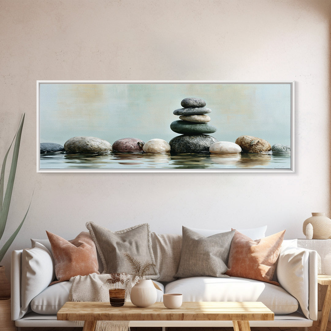 Stacked Stones Beside Calm Water Canvas Print, Spa Art, Wildlife Wall Art, Spa Decor, Watercolor Art, Serenity, SPA-3x1-65