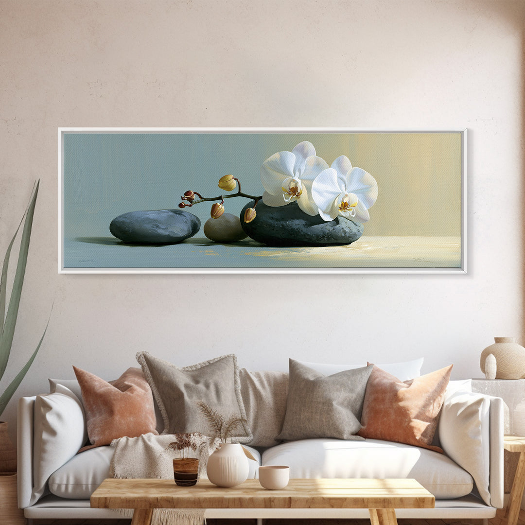 White Orchid on Smooth Gray Stone Canvas Print, Spa Art, Modern Home Decor, Spa Decor, Fine Art, Serenity, Neutral Decor, SPA-3x1-66