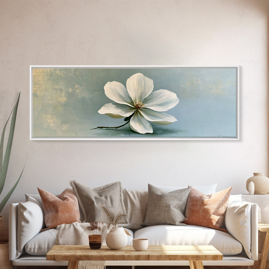 Single White Flower on Linen Ground Framed Canvas Print, Spa Art, Tarot Card Art, Spa Decor, Watercolor Art, Serenity, SPA-3x1-81