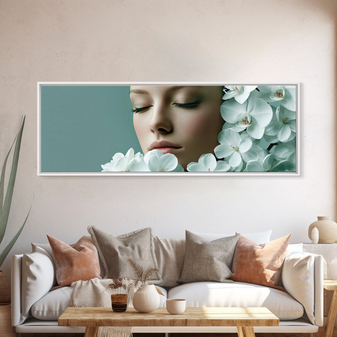 Minimal Face with Closed Eyes and Flowers Canvas Print, Spa Art, Travel Poster, Spa Decor, Watercolor Art, Serenity, SPA-3x1-83