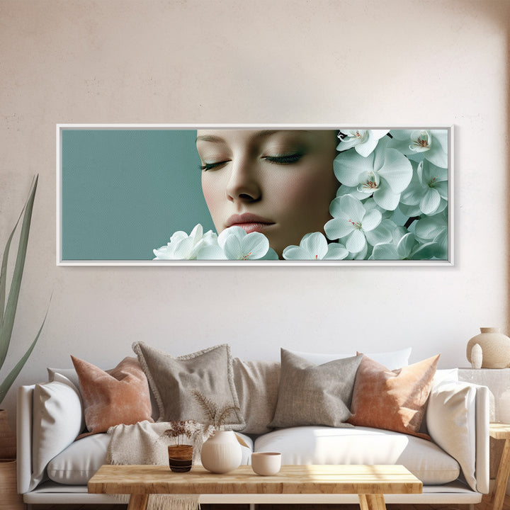 Minimal Face with Closed Eyes and Flowers Canvas Print, Spa Art, Travel Poster, Spa Decor, Watercolor Art, Serenity, SPA-3x1-83