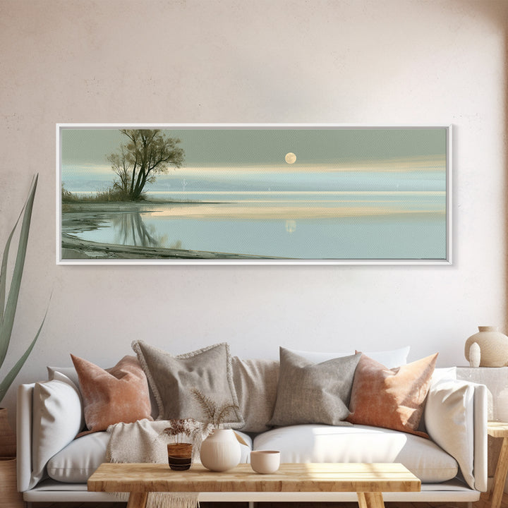 Moonlit Lake Reflection Framed Canvas Print, Spa Art, Abstract, Spa Decor, Watercolor Art, Serenity, City Art, Spa Wall Art, SPA-3x1-87