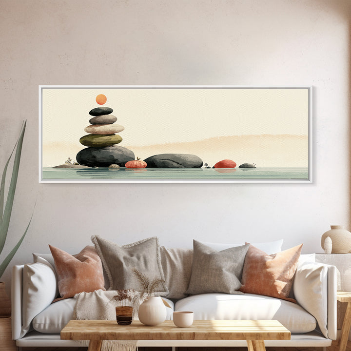 Stacked Stones Beside Calm Water Framed Canvas Print, Spa Art, Boho Decor, Spa Decor, Oil Painting, Serenity, Printable Art, SPA-3x1-89