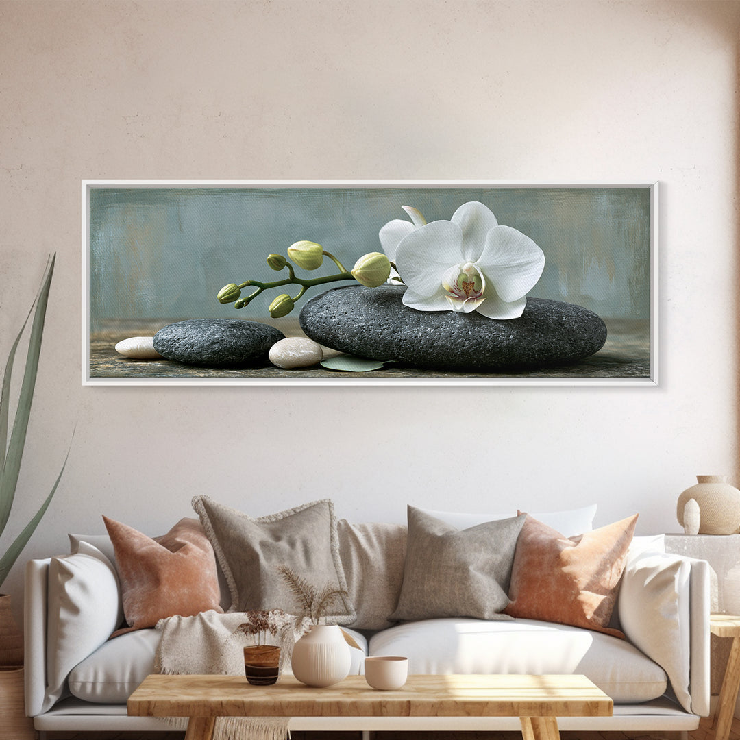 White Orchid on Smooth Gray Stone Framed Canvas Print, Spa Art, Teen Girl Room Decor, Spa Decor, Serenity, Luxury Decor, SPA-3x1-90