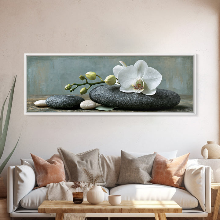 White Orchid on Smooth Gray Stone Framed Canvas Print, Spa Art, Teen Girl Room Decor, Spa Decor, Serenity, Luxury Decor, SPA-3x1-90
