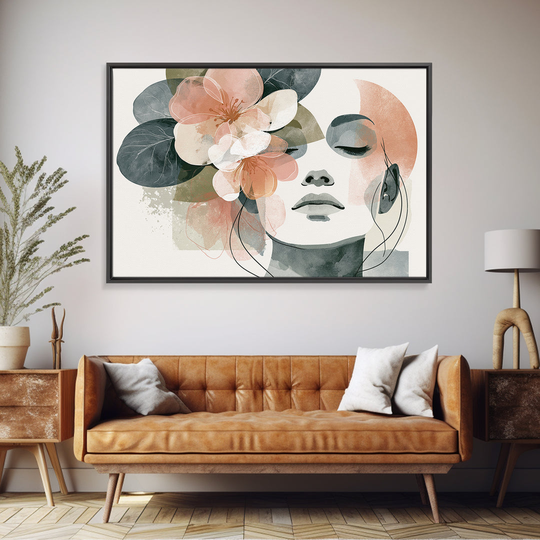 Minimal Face with Closed Eyes and Flowers Framed Canvas Print, Spa Art, Esthetician Decor, Spa Decor, Oil Painting, Serenity, SPA-3x2-23