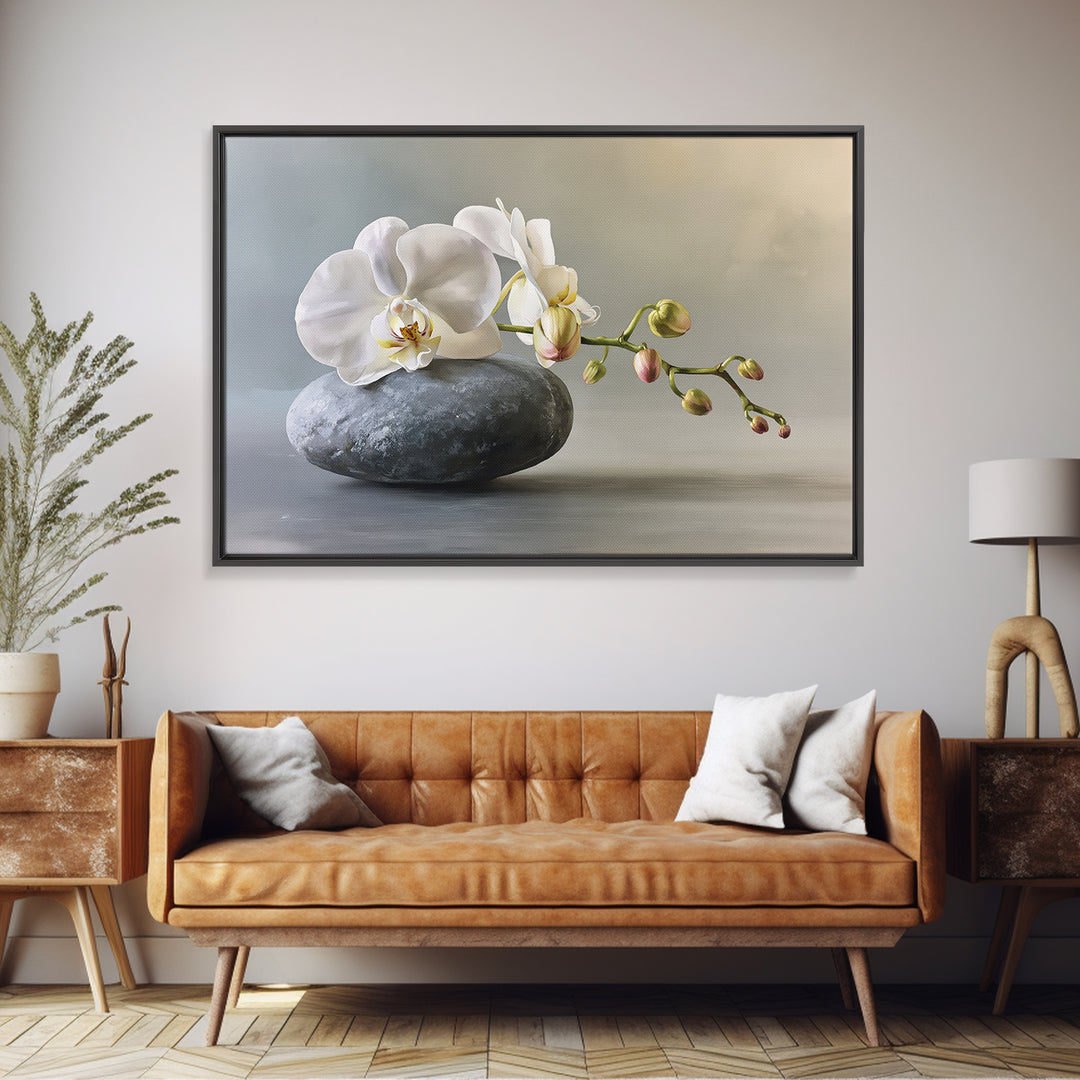 White Orchid on Smooth Gray Stone Canvas Print, Spa Art, Salon Decor, Spa Decor, Fine Art, Serenity, Statement Artwork, SPA-3x2-30