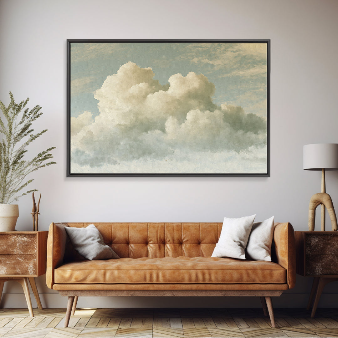 Soft Cloudscape in Cream and Sage Framed Canvas Print, Spa Art, Wildlife Wall Art, Spa Decor, Watercolor Art, Serenity, SPA-3x2-41