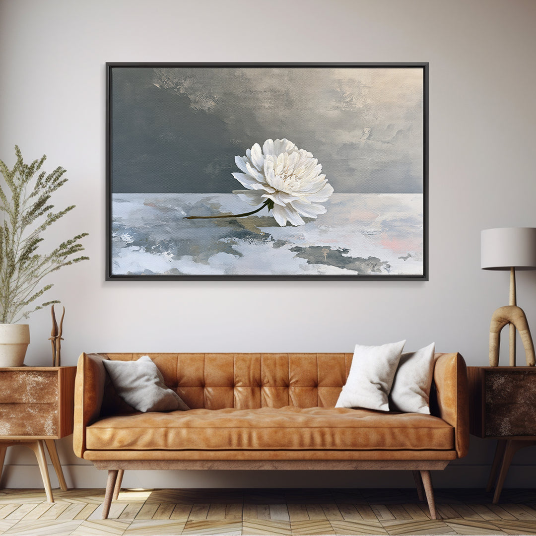 Single White Flower on Linen Ground Framed Canvas Print, Spa Art, Gallery Decor, Spa Decor, Fine Art, Serenity, Wall Art, SPA-3x2-45