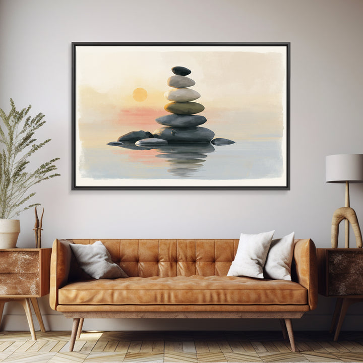 Stacked Stones Beside Calm Water Framed Canvas Print, Spa Art, Esthetician Decor, Spa Decor, Fine Art, Serenity, Room Decor, SPA-3x2-5