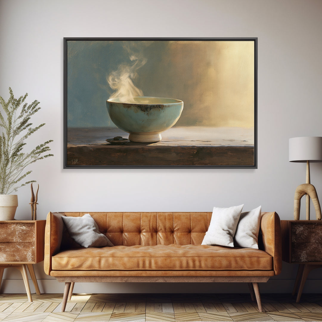 Tea Bowl and Steam Still Life Framed Canvas Print, Spa Art, Dog Groomer Gifts, Spa Decor, Oil Painting, Serenity, SPA-3x2-50