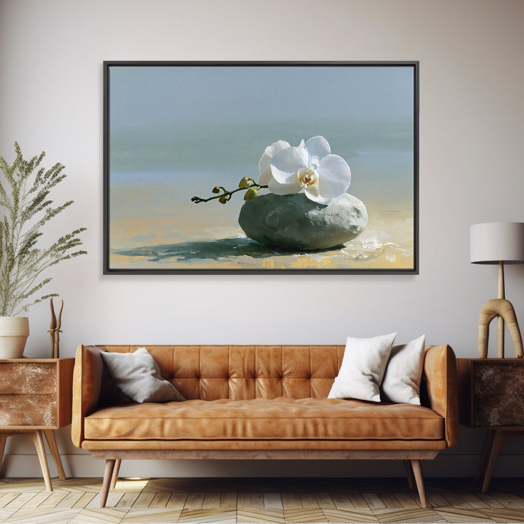White Orchid on Smooth Gray Stone Canvas Print, Spa Art, Salon Decor, Spa Decor, Fine Art, Serenity, Statement Artwork, SPA-3x2-54
