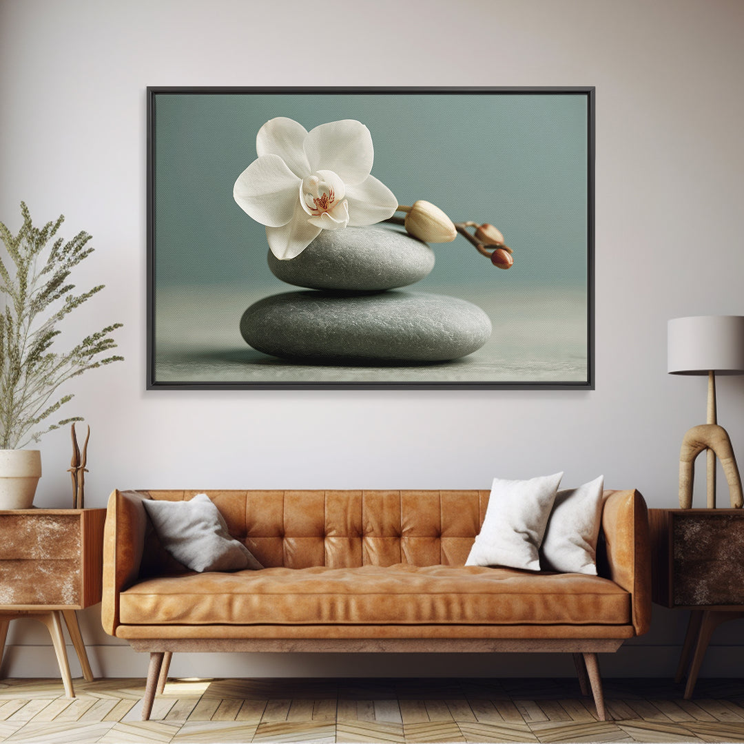 White Orchid on Smooth Gray Stone Framed Canvas Print, Spa Art, Feminine Wall Art, Spa Decor, Serenity, Hair Salon Wall Art, SPA-3x2-6