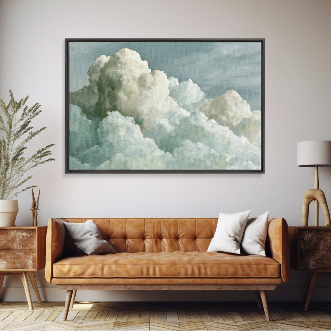 Soft Cloudscape in Cream and Sage Framed Canvas Print, Spa Art, Wildlife Wall Art, Spa Decor, Watercolor Art, Serenity, SPA-3x2-65