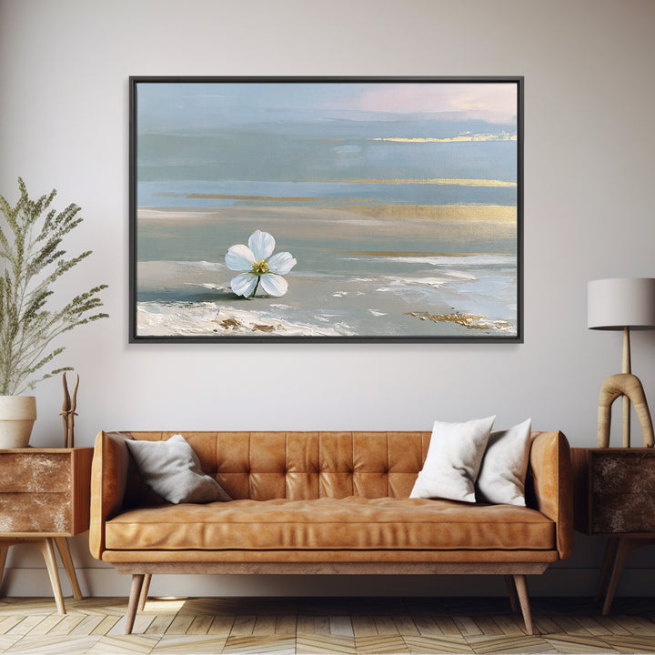 Single White Flower on Linen Ground Framed Canvas Print, Spa Art, Gallery Decor, Spa Decor, Fine Art, Serenity, Wall Art, SPA-3x2-69