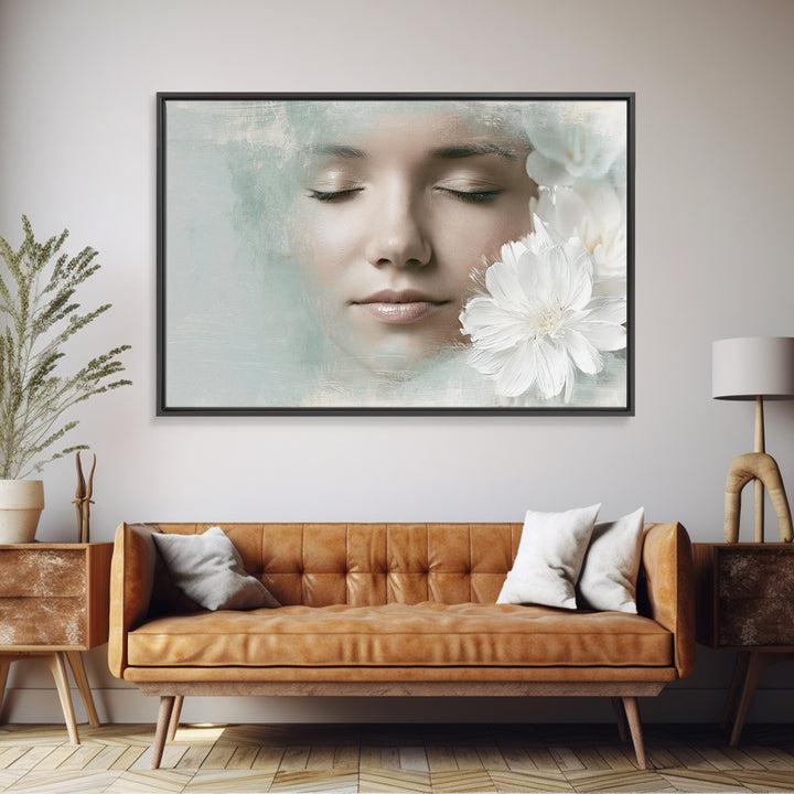 Minimal Face with Closed Eyes and Flowers Framed Canvas Print, Spa Art, Wildlife Wall Art, Spa Decor, Fine Art, Serenity, SPA-3x2-71