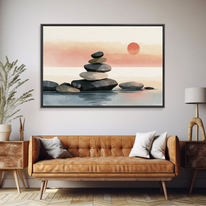 Stacked Stones Beside Calm Water Framed Canvas Print, Spa Art, Art Print, Spa Decor, Fine Art, Serenity, Botanical Art, SPA-3x2-77