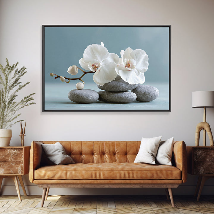 White Orchid on Smooth Gray Stone Framed Canvas Print, Spa Art, Tarot Card Art, Spa Decor, Fine Art, Serenity, SPA-3x2-78