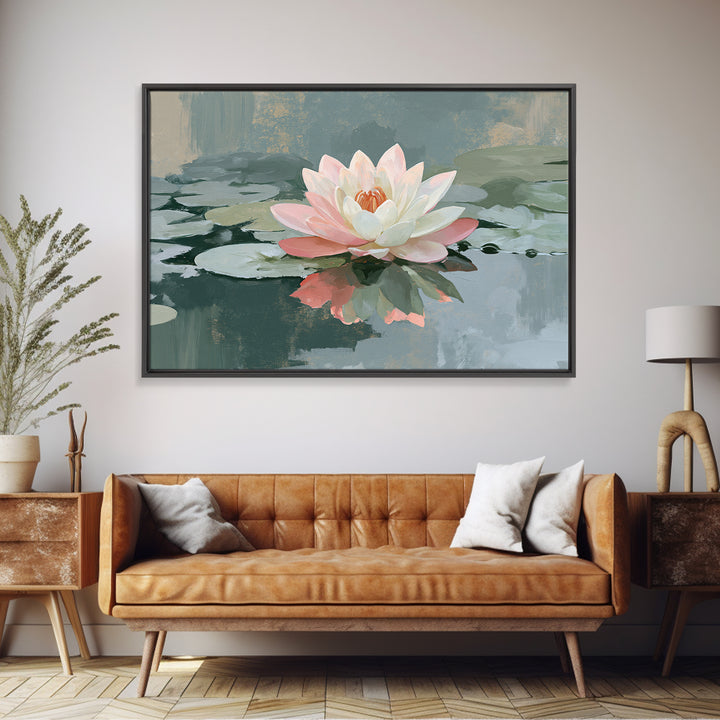 Lotus Flower Floating on Still Pond Framed Canvas Print, Spa Art, Home Decor, Spa Decor, Fine Art, Serenity, Dog Wall Art, SPA-3x2-80