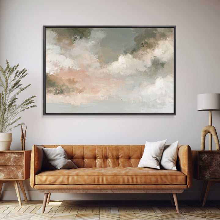 Soft Cloudscape in Cream and Sage Canvas Print, Spa Art, Boho Decor, Spa Decor, Oil Painting, Serenity, Printable Art, SPA-3x2-89