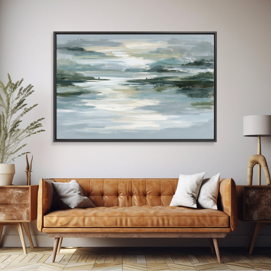 Moonlit Lake Reflection Framed Canvas Print, Spa Art, Abstract, Spa Decor, Watercolor Art, Serenity, City Art, Spa Wall Art, SPA-3x2-99