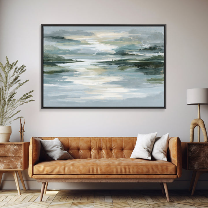 Moonlit Lake Reflection Framed Canvas Print, Spa Art, Abstract, Spa Decor, Watercolor Art, Serenity, City Art, Spa Wall Art, SPA-3x2-99