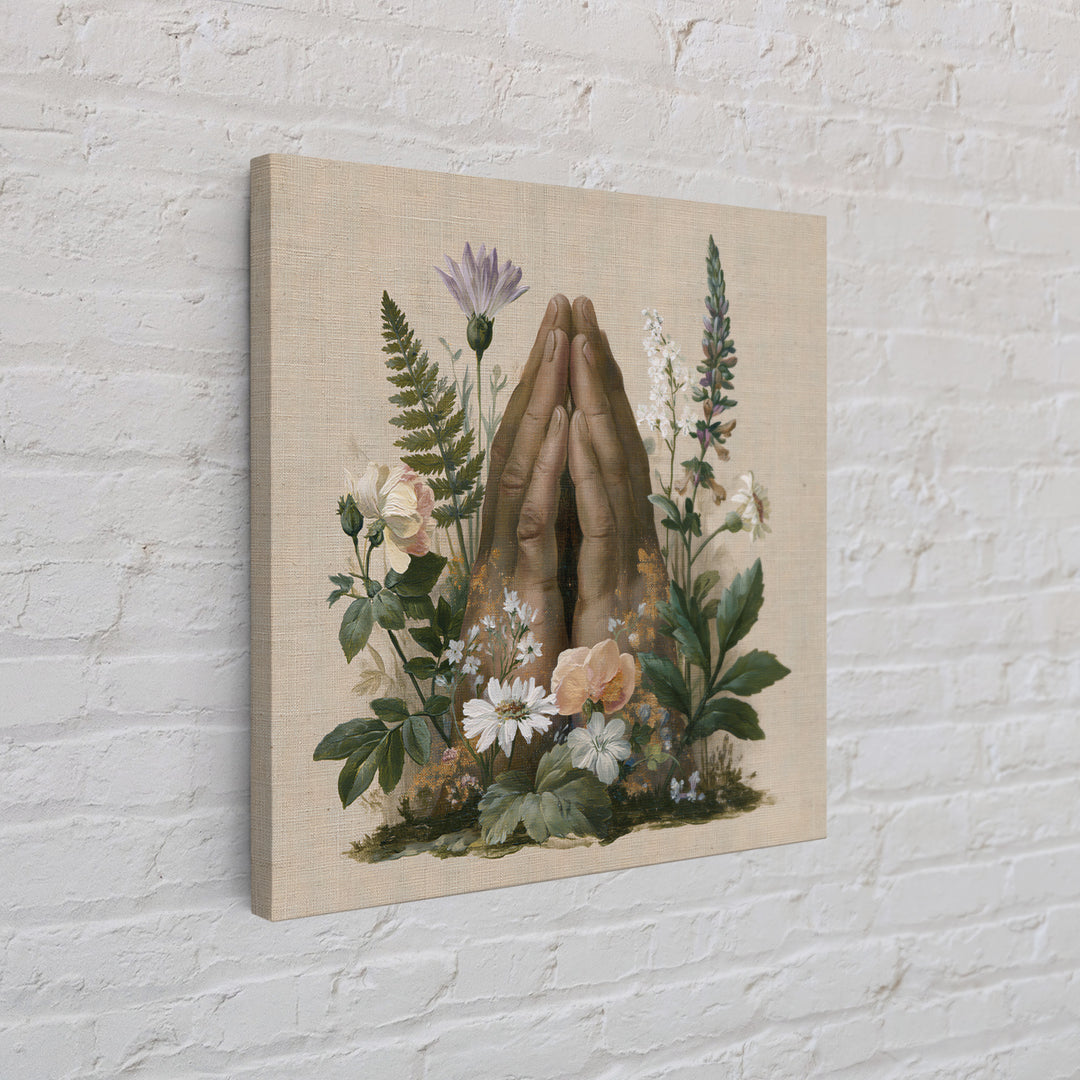 Prayer Hands with Botanical Details Framed Canvas Print, Spiritual Art, Printable Wall Art, Living Room Decor, Fine Art, Spirit, SPI-1x1-33