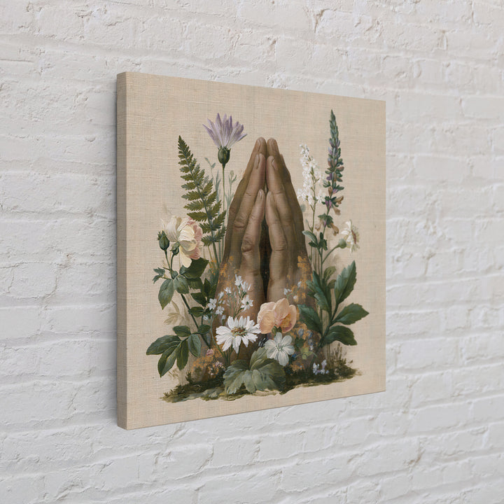 Prayer Hands with Botanical Details Framed Canvas Print, Spiritual Art, Printable Wall Art, Living Room Decor, Fine Art, Spirit, SPI-1x1-33