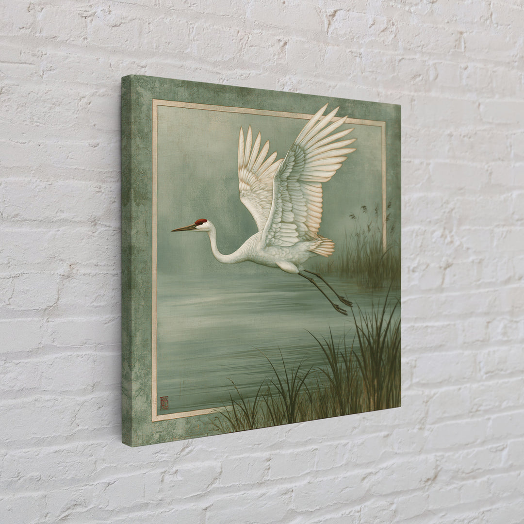 White Crane Flying Framed Canvas Print, Spiritual Art, Room Decor, Living Room Decor, Oil Painting, Spirit, Digital Print, SPI-1x1-48