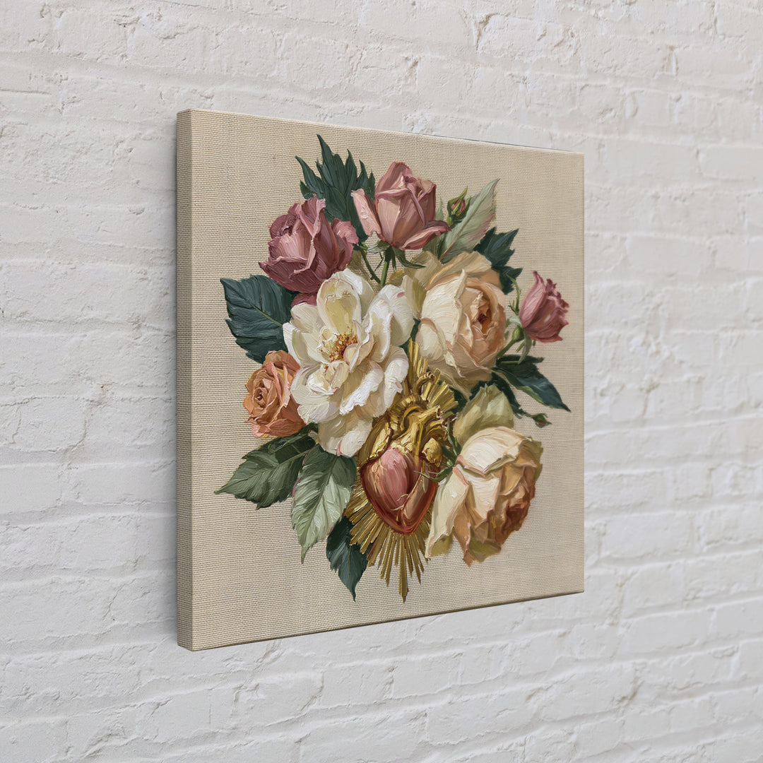 Sacred Heart with Roses and Gold Rays Framed Canvas Print, Spiritual Art, Textured Painting, Living Room Decor, Spirit, SPI-1x1-62