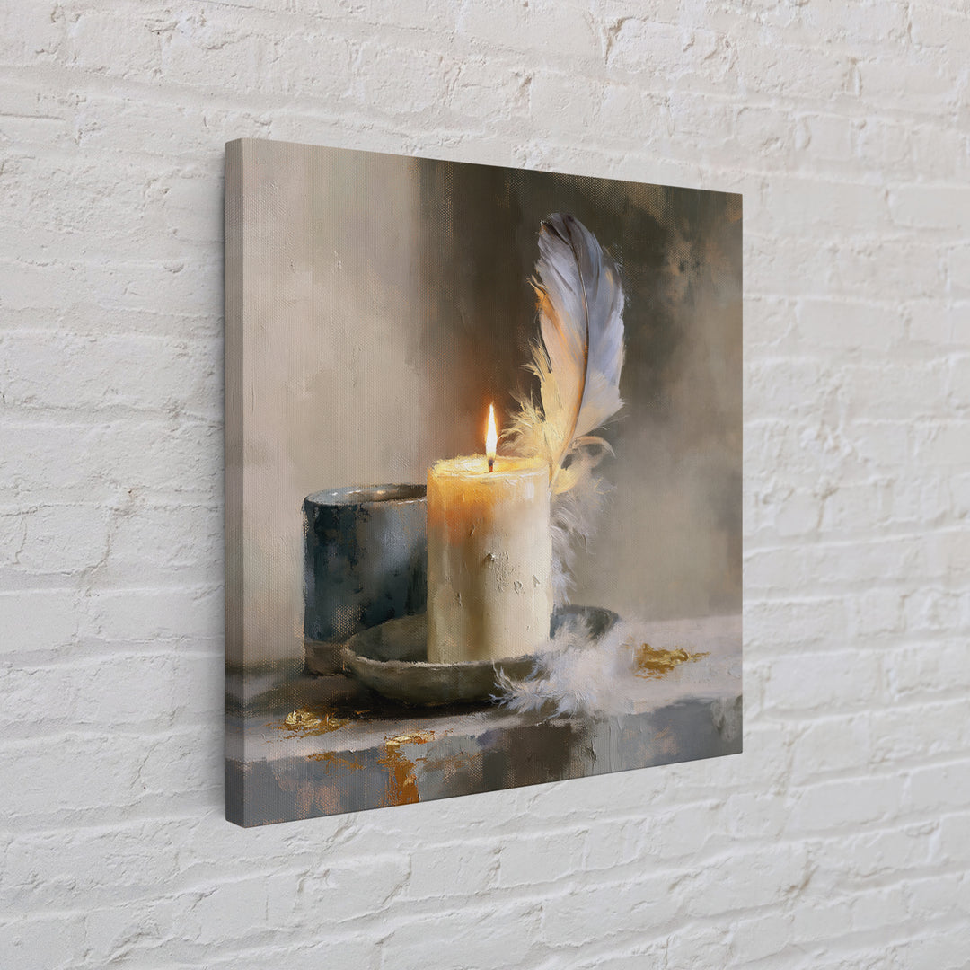 Candle and Feather Still Life Framed Canvas Print, Spiritual Art, Minimalist Wall Art, Living Room Decor, Fine Art, Spirit, SPI-1x1-68