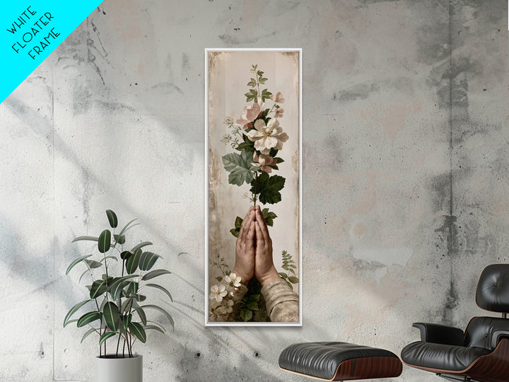 Prayer Hands with Botanical Details Framed Canvas Print, Spiritual Art, Canvas Wall Art, Living Room Decor, Watercolor Art, SPI-1x3-69