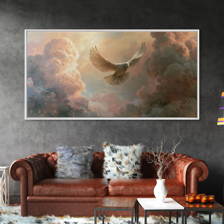 Dove Flying Through Radiant Clouds Framed Canvas Print, Spiritual Art, Funky Wall Art, Living Room Decor, Fine Art, Spirit, SPI-2x1-1