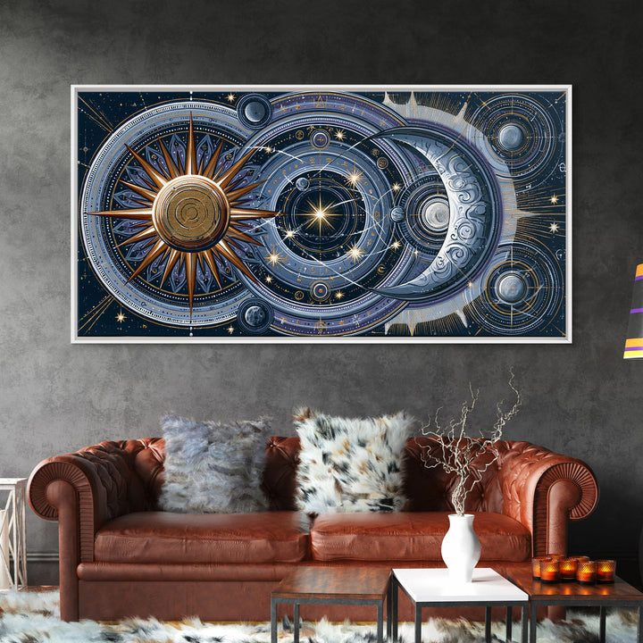 Sun and Moon Spiritual Balance Composition Framed Canvas Print, Spiritual Art, Trendy Wall Art, Living Room Decor, Spirit, SPI-2x1-100