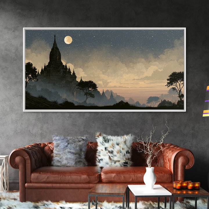 Ancient Temple Silhouette Framed Canvas Print, Spiritual Art, Living Room Decor, Watercolor Art, Spirit, Abstract Wall Art, SPI-2x1-15