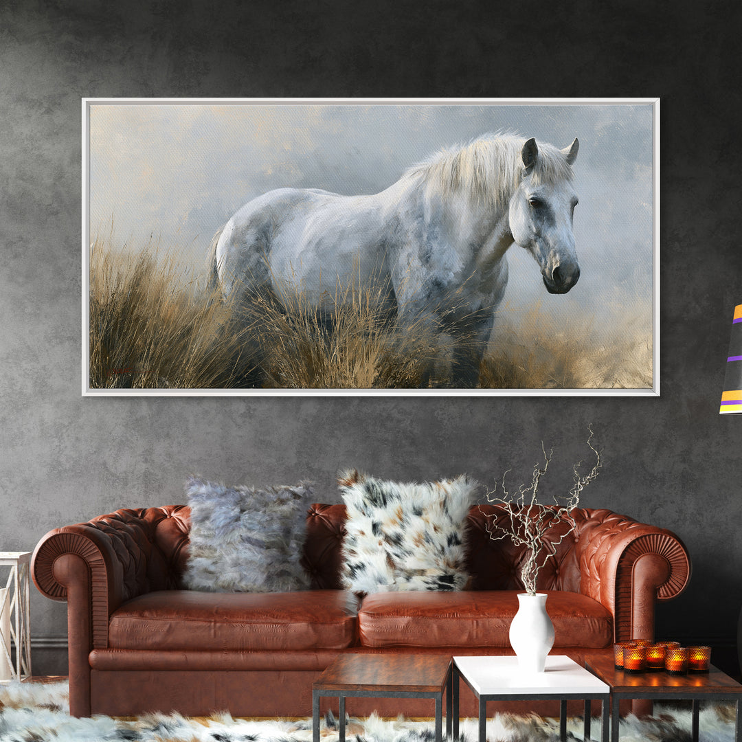 White Horse in Misty Sacred Landscape Framed Canvas Print, Spiritual Art, Art Print, Living Room Decor, Oil Painting, Spirit, SPI-2x1-30